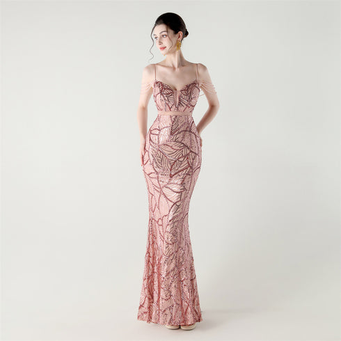 Graceful Sequin Embellished Mesh Mermaid Maxi Dress